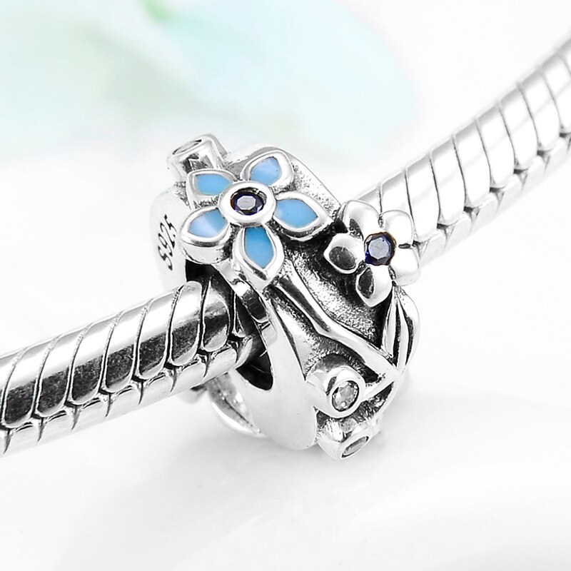Ægte 925 sterlingsølv blå forår smukke blomster prop spacer perler passer til originale europæiske charme armbånd smykker fremstilling
