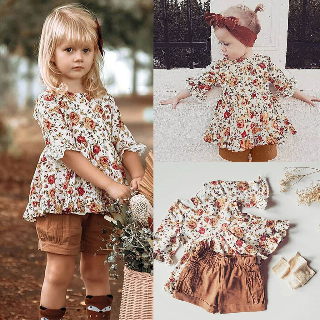 Peuter Baby Meisjes outfits Drie Kwart Ruches Bloemenprint Jurk + Solid Shorts babygirl kleding vetement bebe fille naissance