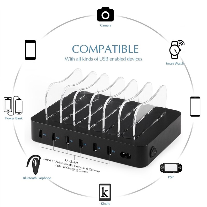 Multifunctioneel en duurzaam 6- poorts usb-desktoplaadstation geschikt voor kantoorgebruik (amerikaanse stekker)