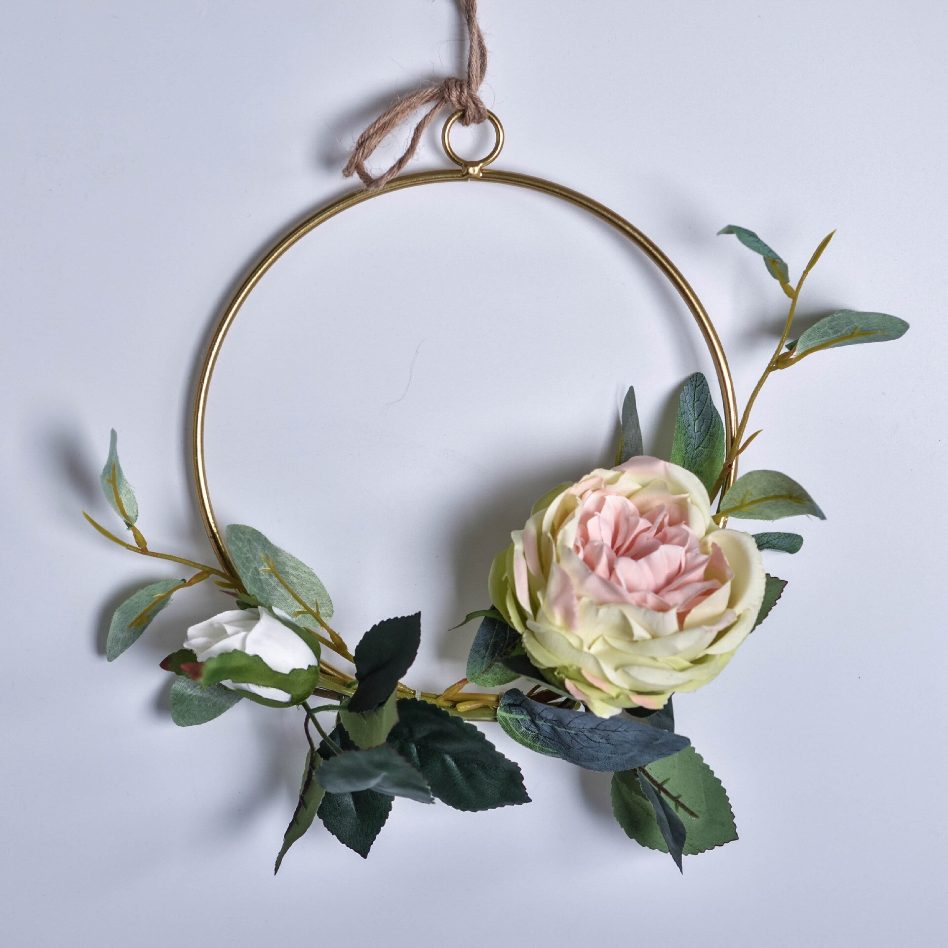 20cm jernreb guld metalring bærbar krans blomster bryllup brud blomster krans håndlavet catcher hoop baby shower indretning: Rund-glad hvid