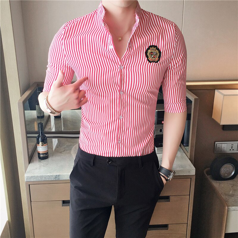 Rayure Chemise hommes demi manches coupe étroite hommes été chemises Chemise Homme Manche Court Camisetas Masculina Camicia Uomo: red / Korean S 44-48kg
