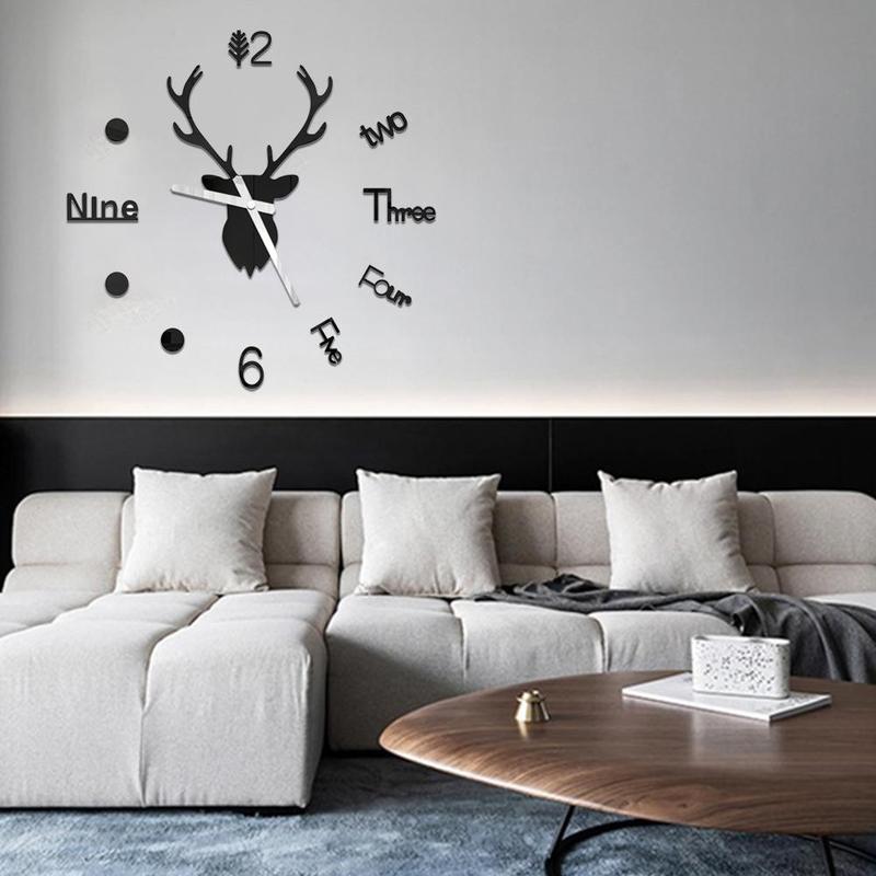 bricolage 3D horloge murale miroir Stickers muraux cerf grand mur vivant Quartz horloge tête chambre Art maison décor autocollant Q0H4
