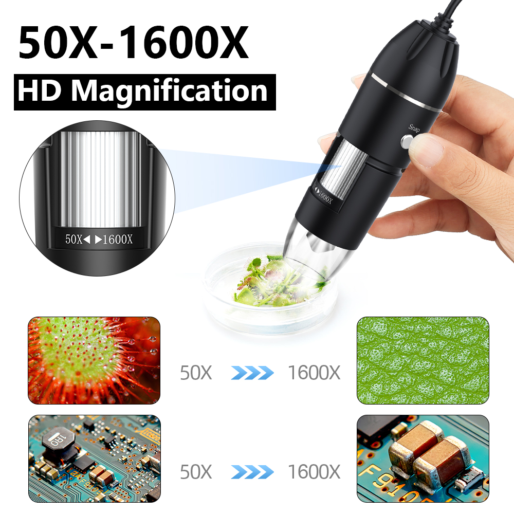 RIEVBCAU 1600X Microscope numérique 3in1 Type C USB Microscope électronique avec 8 LED Endoscope Zoom caméra loupe