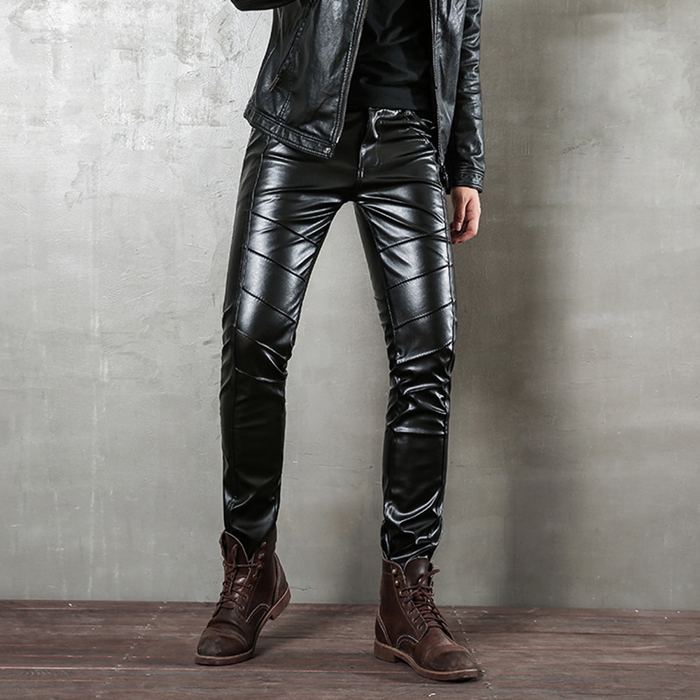 Man Leather Pants Autumn Punk Trousers Zipper Semi-leather Casual Stitching Tight PU Leather Pants Locomotive Style: 34