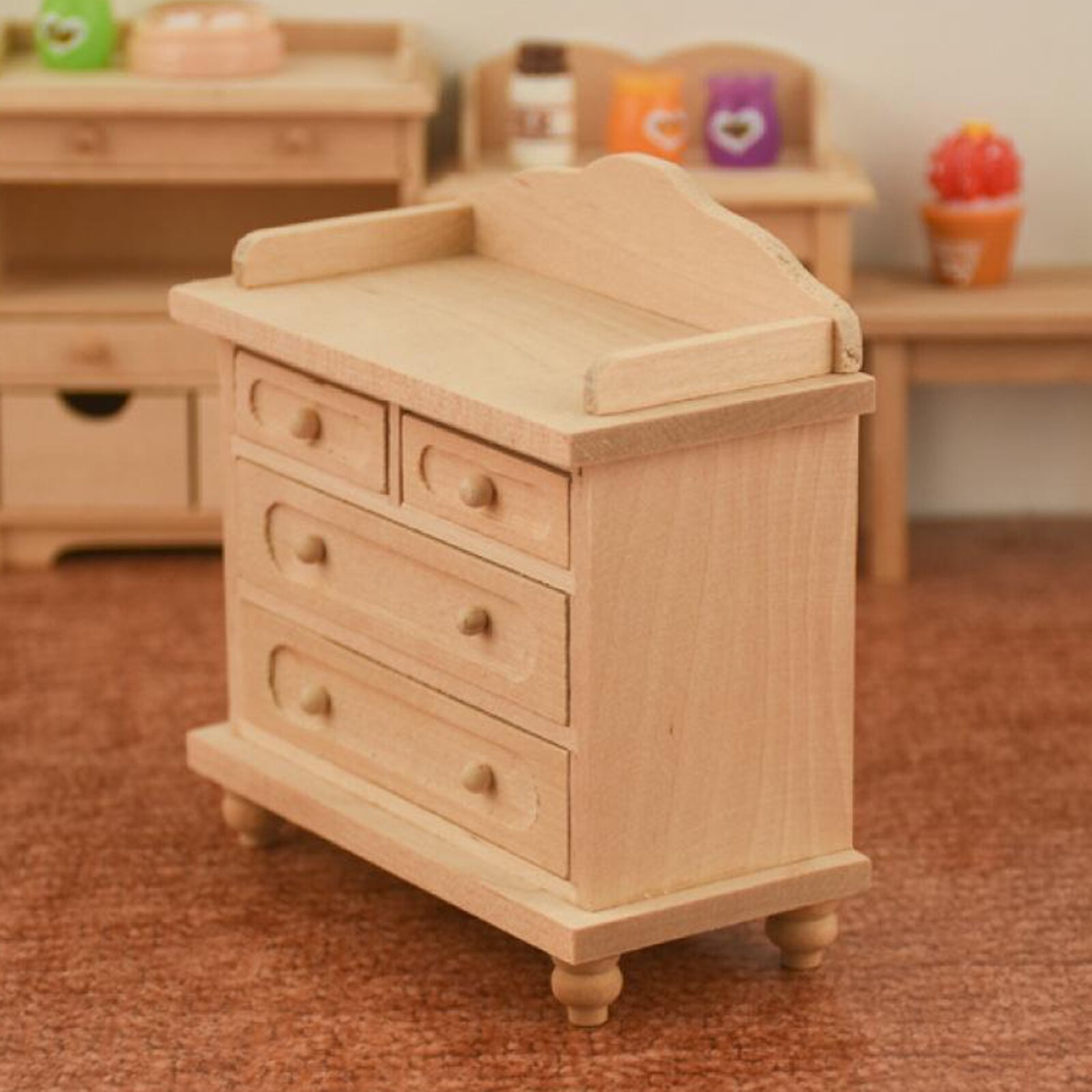1/12 Scale Dolls House Handmade Classic Solid Wood Unpainted Nightstand TV Cabinet with Drawer Bedroom Decor Toy