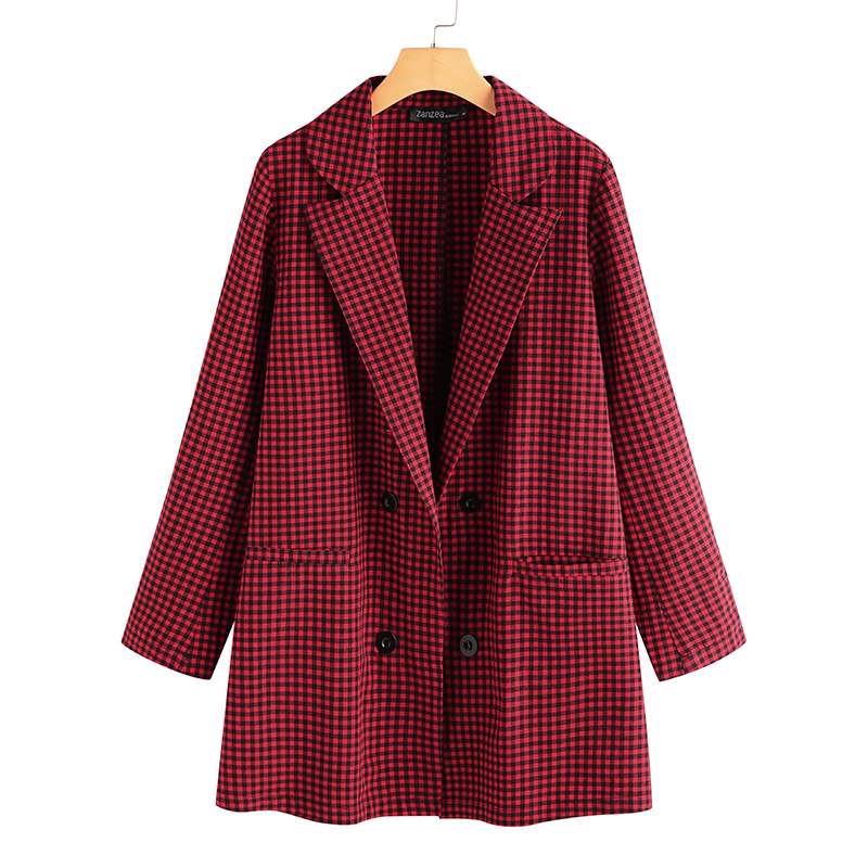 Zanzea kvinner rutete rutete blazer kontor dame uformelle lommer blazer feminino jakkeslag knapper chaqueta yttertøy pluss str.: Rød / L