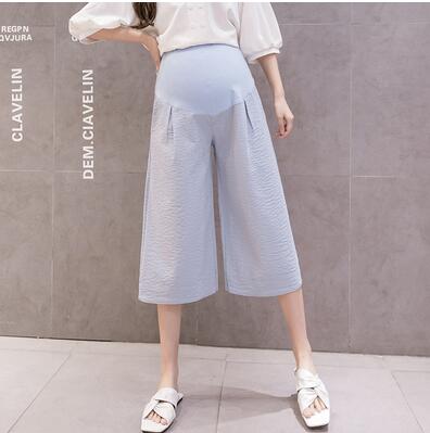 Sommar gravida kvinnor bomull och linne vidbenta byxor lösa enfärgade byxor för gravidmage lösa casual culottes: Blå / M