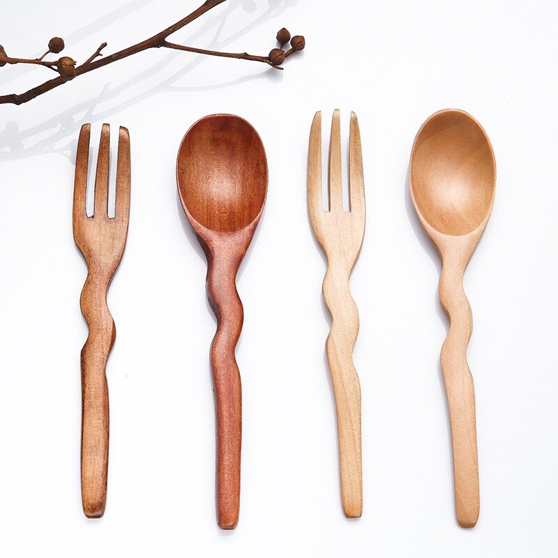 Natural Wood Spoon Fork Kitchen Cooking Dining Soup Tea Honey Coffee Utensil Tools Soup-Teaspoon Tableware