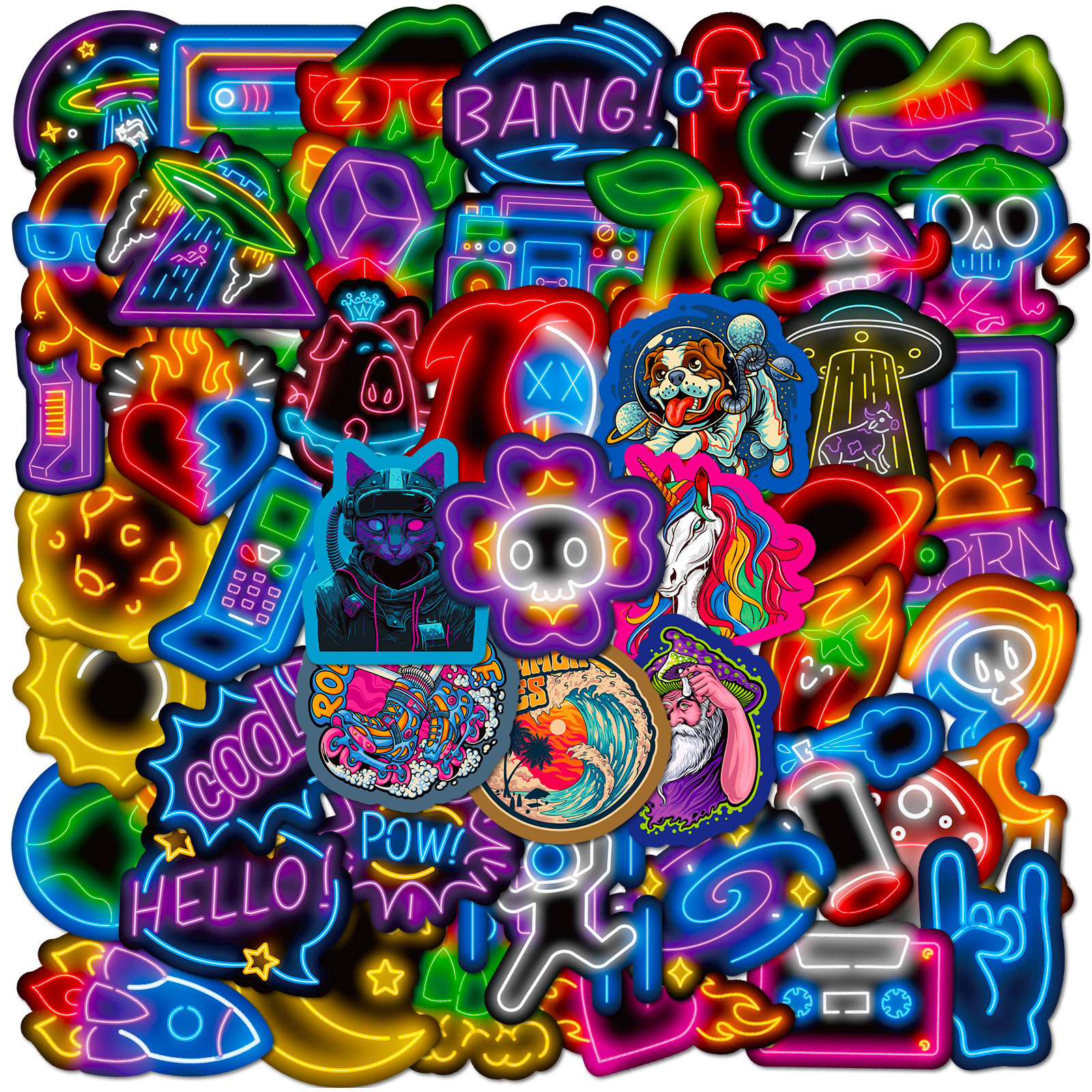 10/25/50pcs Mixed Neon Light Cartoon Stickers for Phone Laptop Guitar Helmet Travel Luggage Skateboard Car DIY