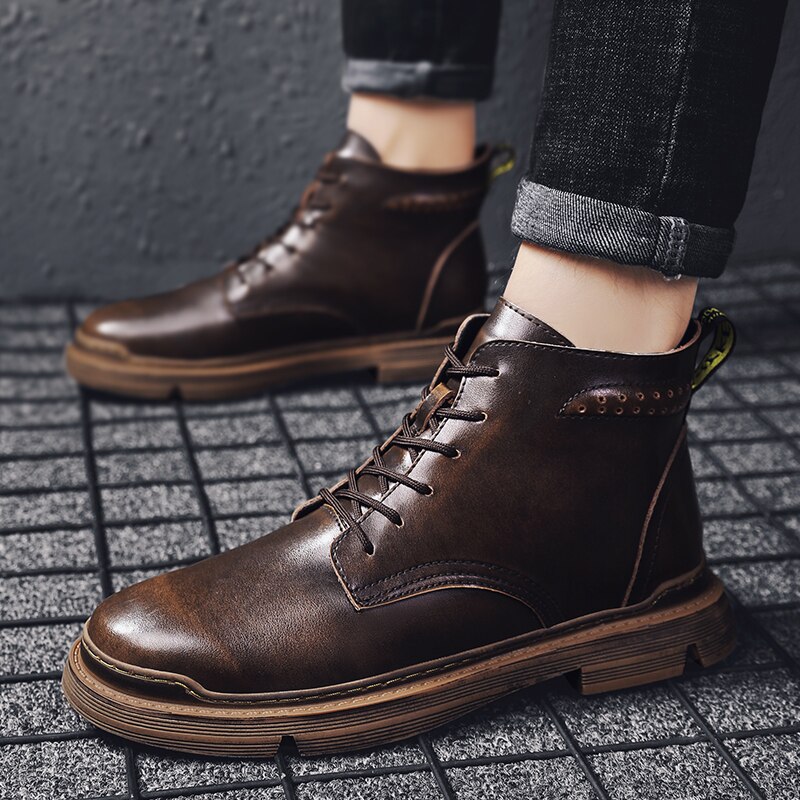 Forår/efterår mænd læder sneakers brune vintage arbejdsstøvler til mænd mærke herre motorcykel støvler mænd støvler