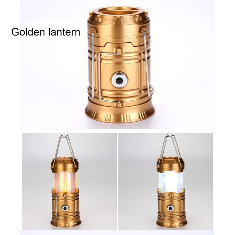 3 in 1 bærbar solcelle camping telt lys flamme lampe lanterne lommelygte udtrækkelig nødbelysning camping lys lanterne: Sol-guld