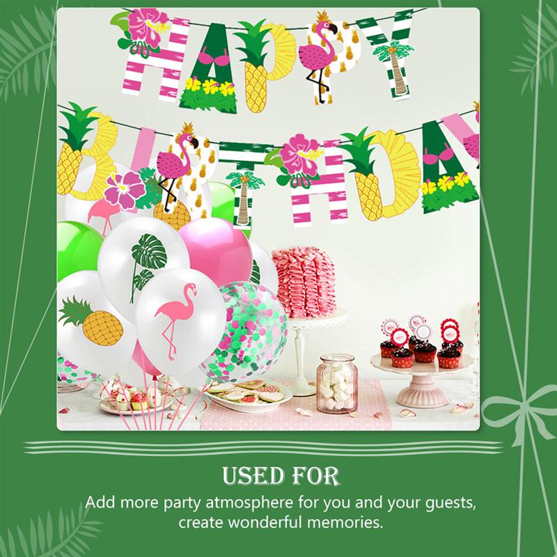 1 Set of Hawaii Aloha Happy Birthday Banner Flamingo Birthday Banner Cake Toppers Card Hawaiian Themed Party Decorated