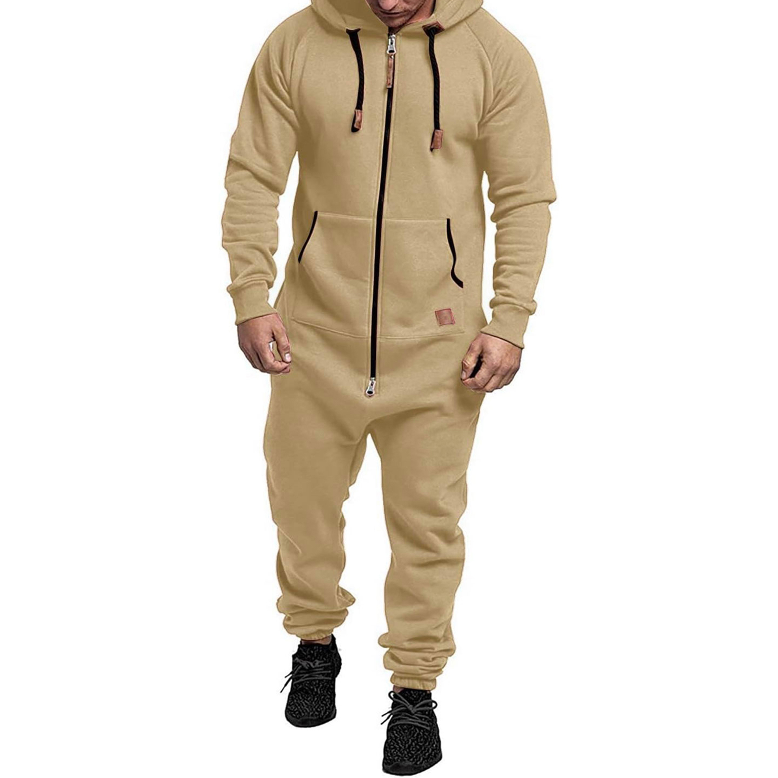 Men's Long Sleeve Full Zipper Up Overalls Sweatsuits with Drawstring Winter Hooded Jumpsuits with Pockets: XXXL / Khaki