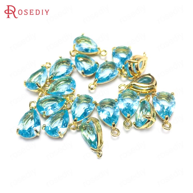 10PCS 7x10MM 24K Champagner Gold Farbe Messing und Glas Tear Form Charms Anhänger Schmuck machen Liefert Diy Zubehör: Light Lake Blue