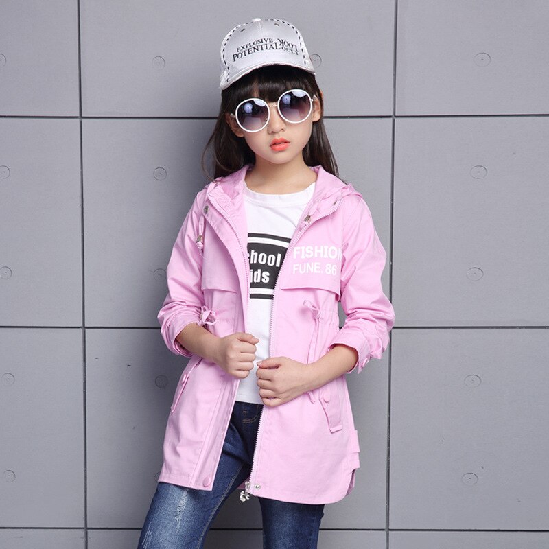 Teenager Spring Autumn Girls Trench Coat Hooded Jacket Long Cardigan Kids School Clothing Casual Outwear 3-14 Age: 03 / 12