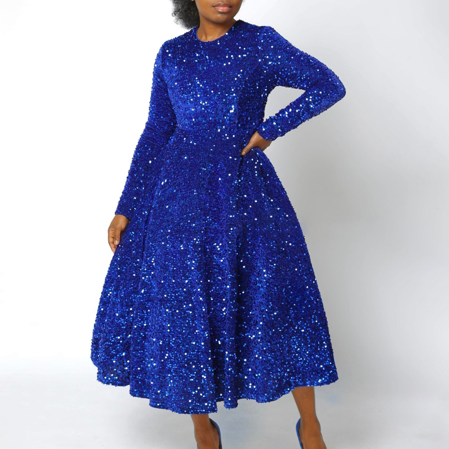 Vestido plisado de terciopelo con lentejuelas para mujer, traje Vintage de manga larga con purpurina para de Navidad y eventos de cumpleaños, novedad de invierno, 2024: XL / Azul