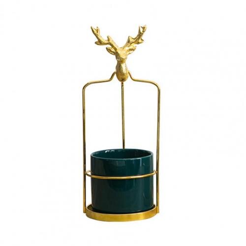 Maceta de cerámica con cabeza de ciervo decorativa, marco de hierro, maceta resistente para jardín: Blackish Green S