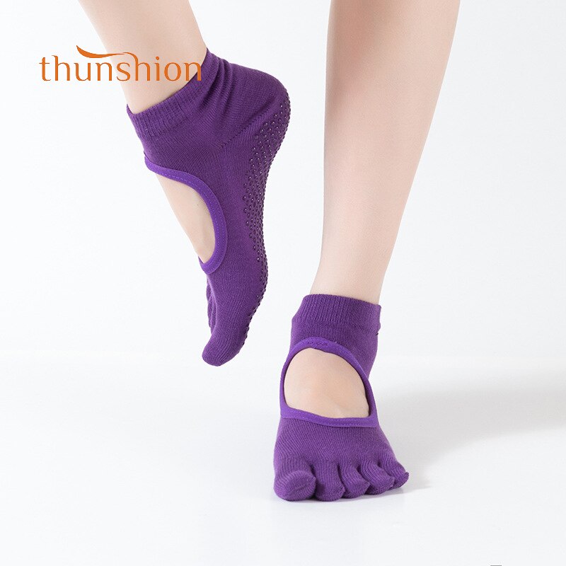 Thunshion 3 paar dames open wreef yogasokken antislip massage teensokken met 3d pvc vijfvinger balletschoenen: Donkerpaars 2