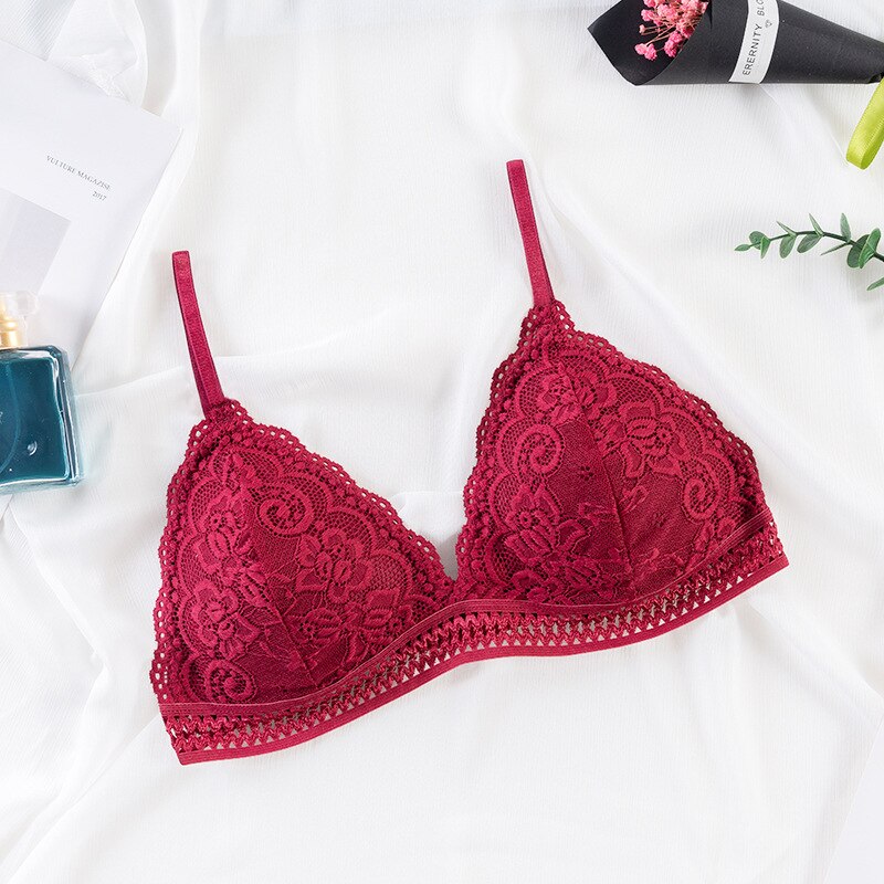 CHRLEISURE French Triangle Cup Lace Bra Back Buckle Beauty Back Underwear Wireless Gather Bras For Women Small Breasts: Red