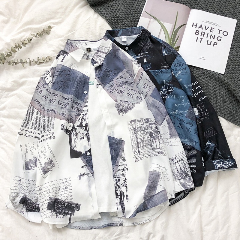 Overhemd herenkleding lange mouwen bedrukt zwart harajuku tops herenoverhemden koreaanse stijl studenten witte kleding plus size dagelijkse chic