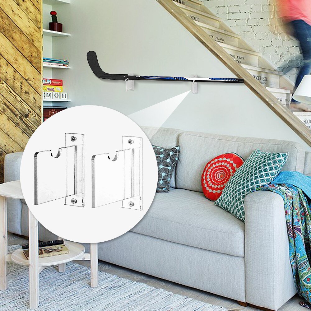 Hockey Stick Display Stand - Acrylic Wall Mount - Horizontal Hanger Holder - Clear Ice Hockey Stick Support