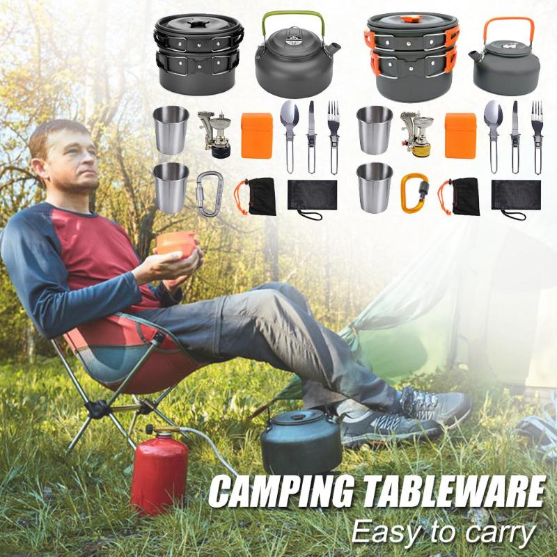 Outdoor Camping Kookgerei Set Servies Picknick Koken Pan Koekenpan Waterkoker Theepot Vork Lepel Water Cup Snijplank Picknick Gereedschap