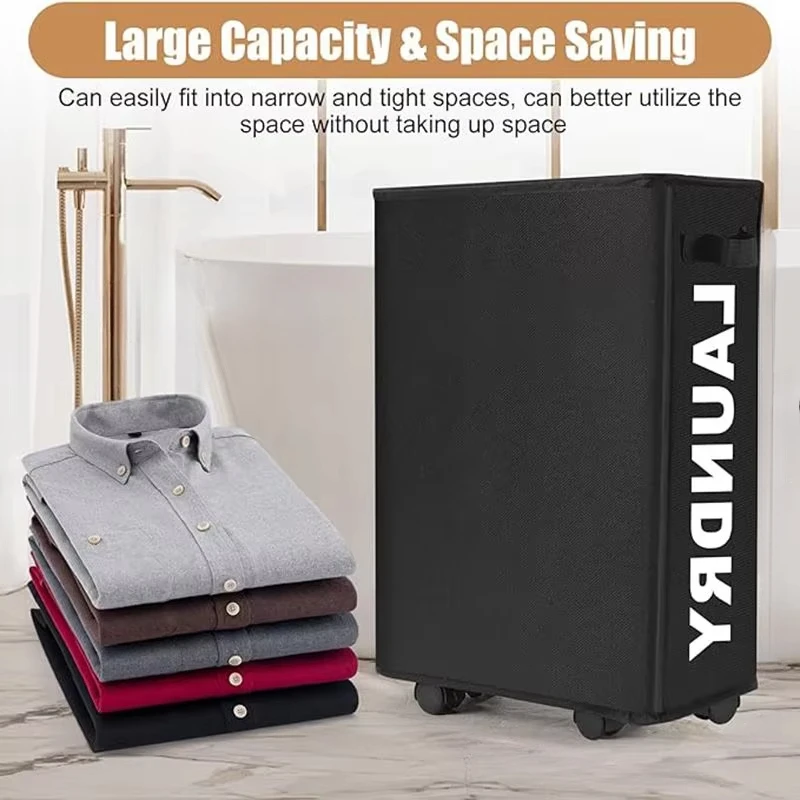 Rolling Slim Laundry Basket Laundry Hamper with Wheels and Handle Foldable Waterproof Clothes Storage Tall Laundry Basket