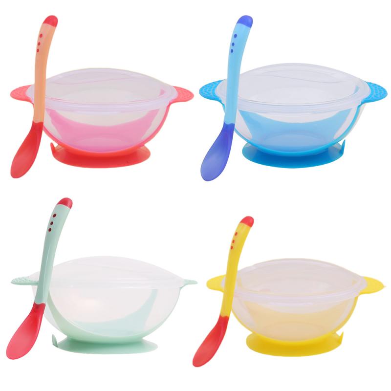 Baby Learning Dishes With Suction Cup Kids Safety Dinnerware Set Assist Bowl Temperature Sensing Spoon Tableware Training Bowl