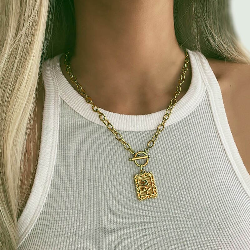 17km geometriske firkantede vedhæng kædehalskæde til kvinder boheme guldmønt flerlags sweater halskæder smykker: Cs52003