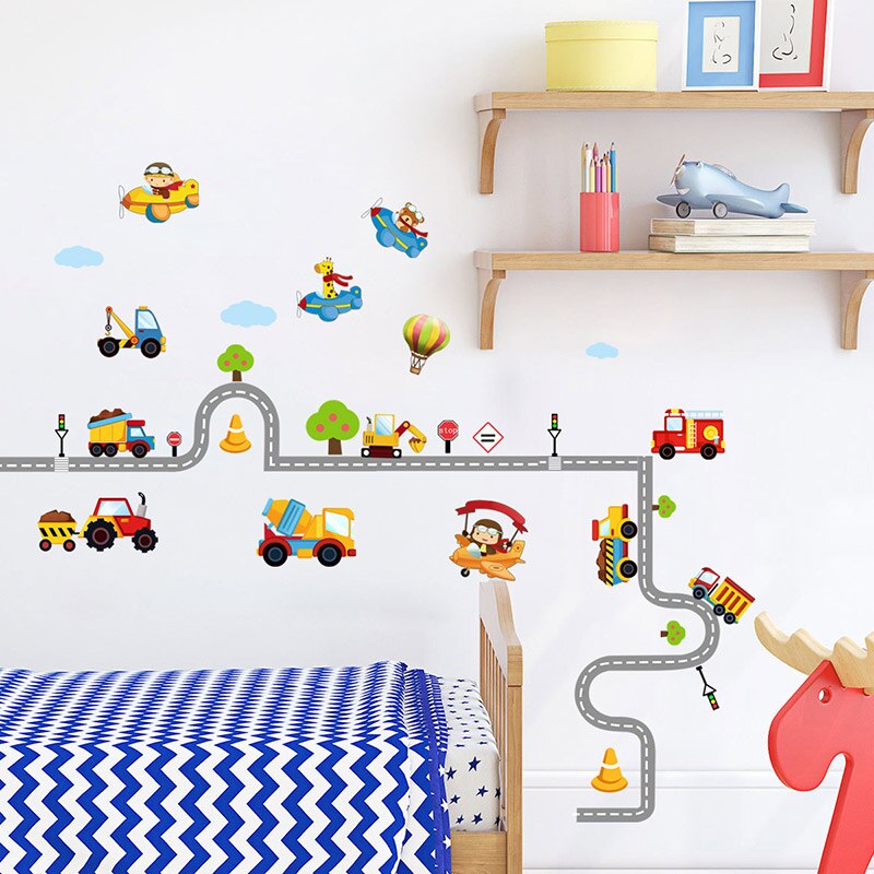 Cartoon Techniek Voertuig Muurstickers Voor Kinderkamer Kinderen Slaapkamer Nursery Vliegtuig Muurstickers Art Muurschilderingen Voor Home Decor