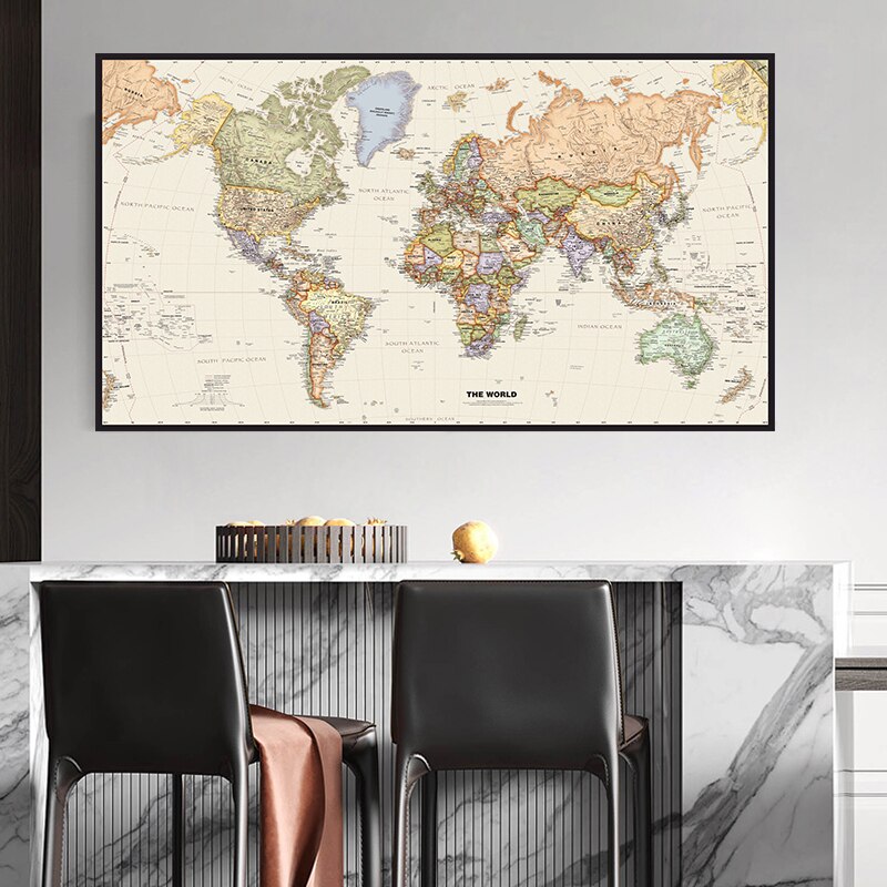 Mapa físico del mundo HD, lienzo de la escuela de pintura pared para oficina, mapa, manualidades decorativas 2x4 pies