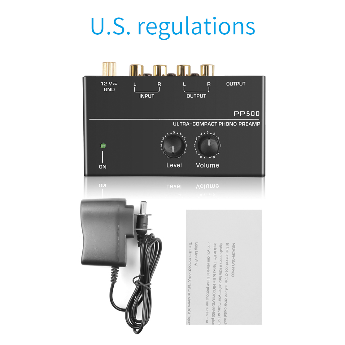 Ultracompacte Phono-voorversterker Voorversterker Voorversterker met niveau-volumeregeling 2xRCA-ingang 2xRCA-uitgang 1/4" TRS-uitgangsinterface: YELLOW