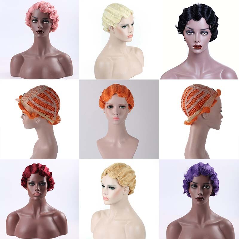 AILIADE cheveux noirs vague courte perruques pour femme court doigt vague perruques court coupe de lutin perruque courte perruques