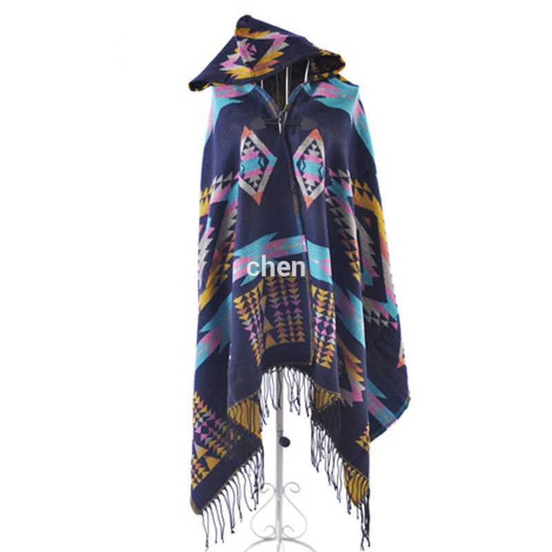 Manteau à capuche avec frange pour femme | Manteau Tartan carreaux carreaux, Poncho, capuche, bohème, châle, écharpe, écharpe enveloppante chaude,: Bleu
