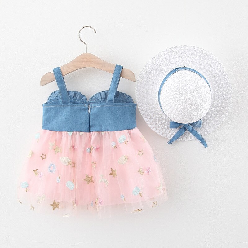 Babzapleume Summer Baby Girls Dresses Denim Mesh Pacthwork senza maniche Cute Princess Lace Pink Dress + Sunhat Newborn Clothes 001