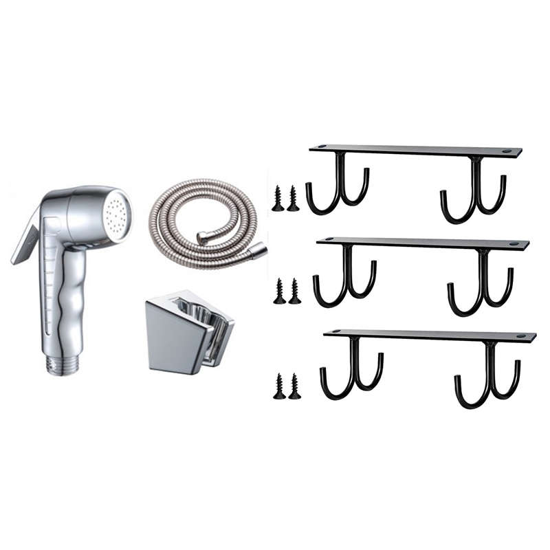 Bidet Douchekop Set Hand Held Bidet Sproeier Zilveren Water Jet Wc Kraan Spray Met Onder Kabinet Mok Rack 3 pack