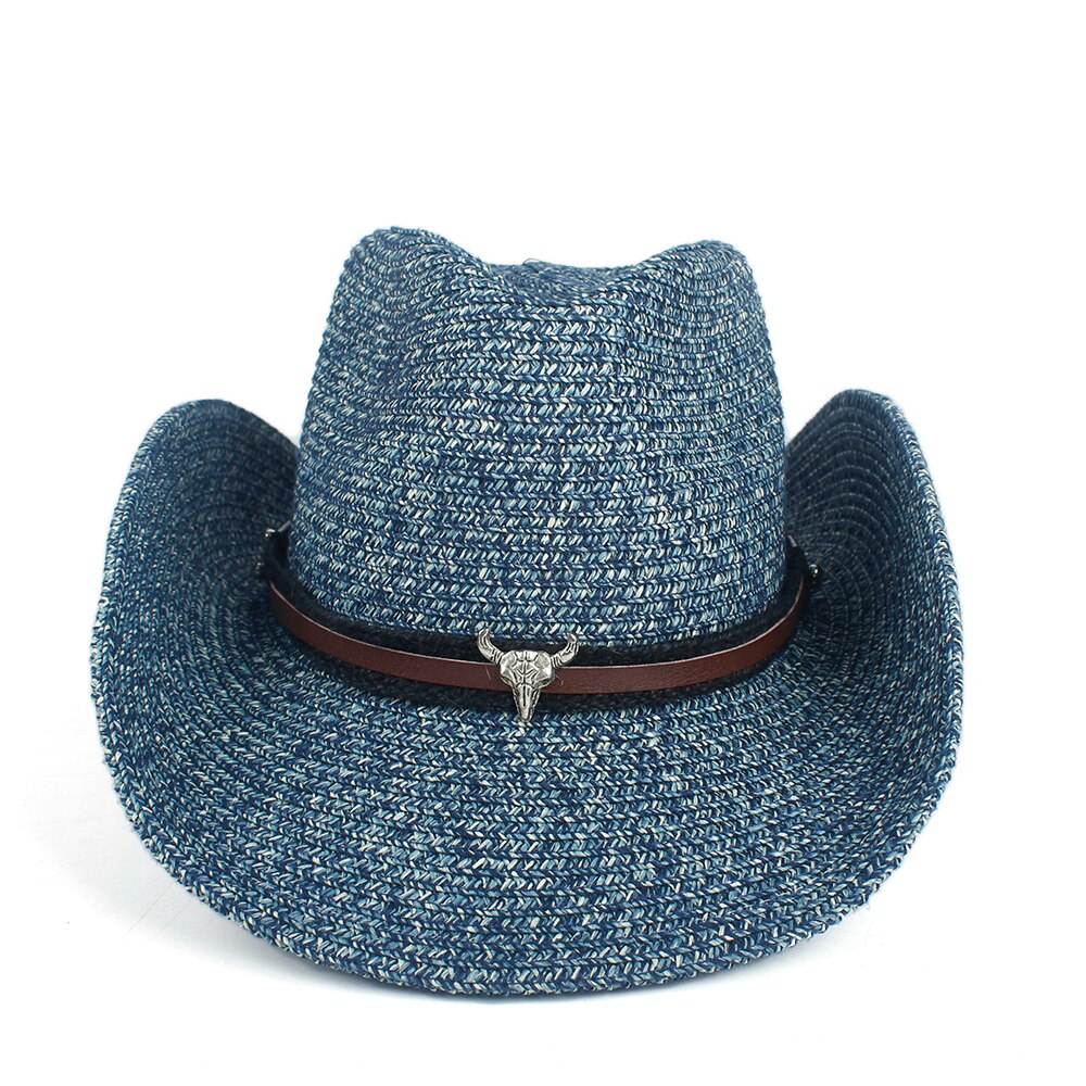 Hule vestlige cowboy hat kvinder mænd sommer halm sombrero hombre strand cowgirl jazz sol hat størrelse 57-59cm: Mørkeblå