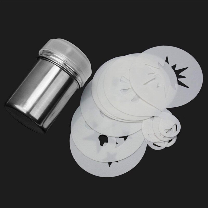 Roestvrijstalen Shaker Met Deksel Chocolade Hagelslag Voor Cappuccino Suiker Cacao Met 16 Koffie Stencil Koffie Pull Pin