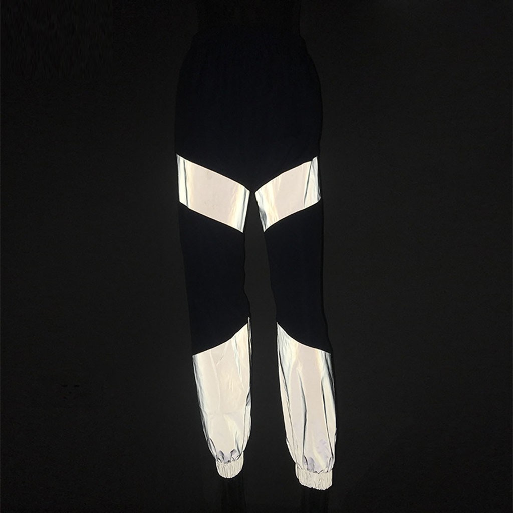 Women Mid-rise Splicing Reflective Sweatpants Street Casual Splicing Reflective Light Loose Pants Sport Pants#P25