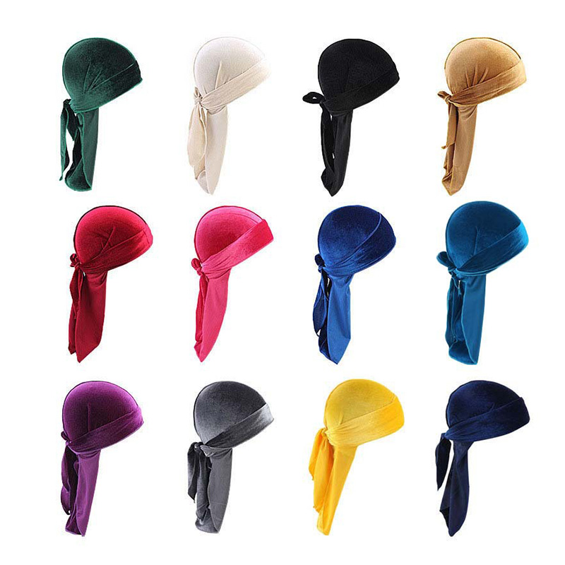 Unisex Velvet Durags Bandana Turban Hat Men Women Breathable Warm Long Tail Doo Rag Durags Pirate Hat Hip Hop Headband