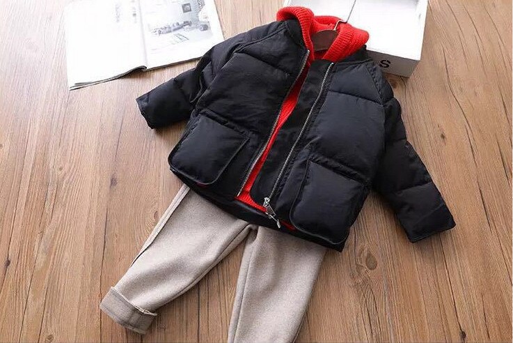 3-8Y Winter Children Down Jackets Black/Red Solid Color Zipper Rib Collar Cotton Coat Boys Girls Jacket 3-8Y