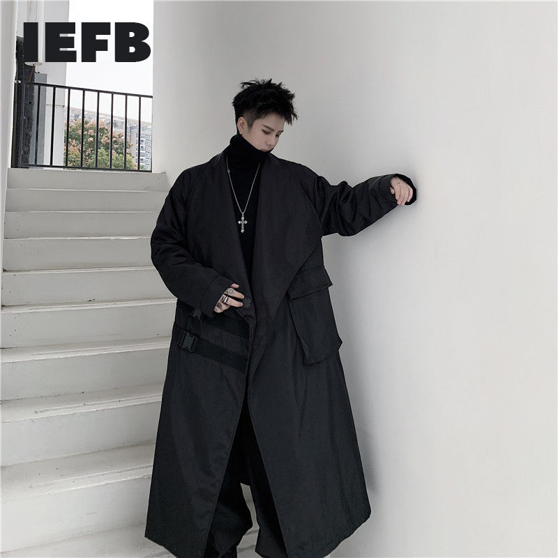 IEFB-gabardina larga negra con solapa grande para hombre, abrigo con mosquetón decorativo con bolsillos, holgado, cortavientos de gran tamaño, novedad de otoño, 9Y4708, 2022