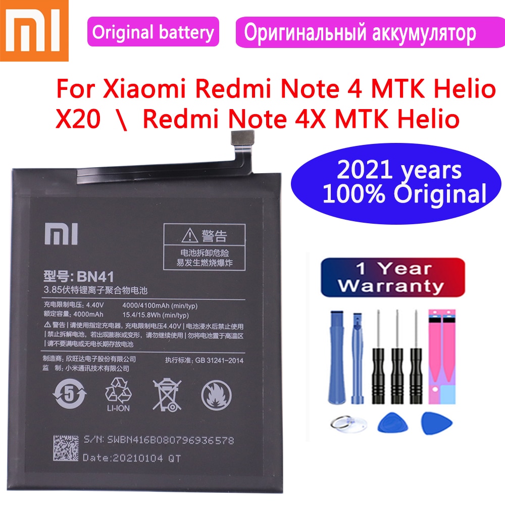 100% Original Replacement Battery BN41 4100mAh for Xiaomi Redmi Note 4 MTK Helio X20 Redmi Note 4X MTK Helio X20 Bateria