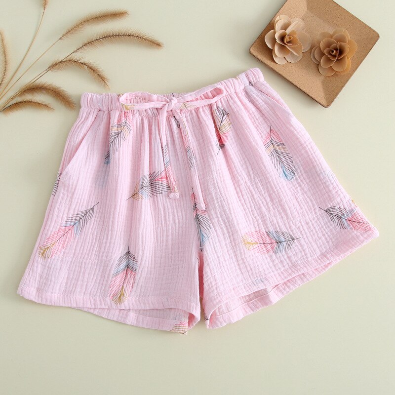 Sommar kvinnor sovshorts bomullsgaze pyjamas sovbyxor fritidsstrandbyxor hemtryck löst slitage: Rosa / Xl