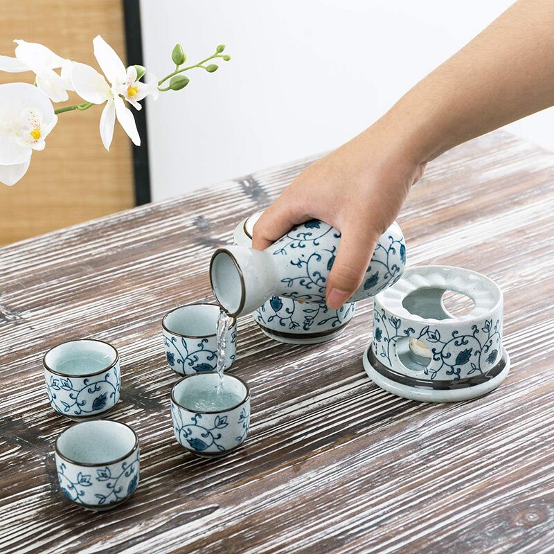 7 Stuk Blue Floral Witte Keramische Japanse Sake Set Met Warmer, 4 Cups, karaf &amp; Verwarming Pot