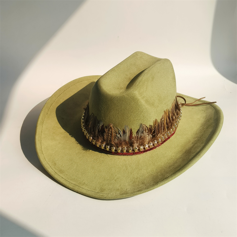 ethnic Vegan Suede Cowboy Hat wide brim feather Cowgirl hat party Western Cowboy hat Cattleman Style knight hat