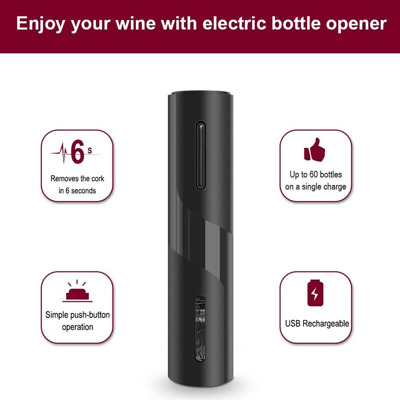 Elektrisk vinåbner genopladelig automatisk proptrækker vinflaskeåbner med folieskærer og usb-opladerkabel, dragt til hjemmet os