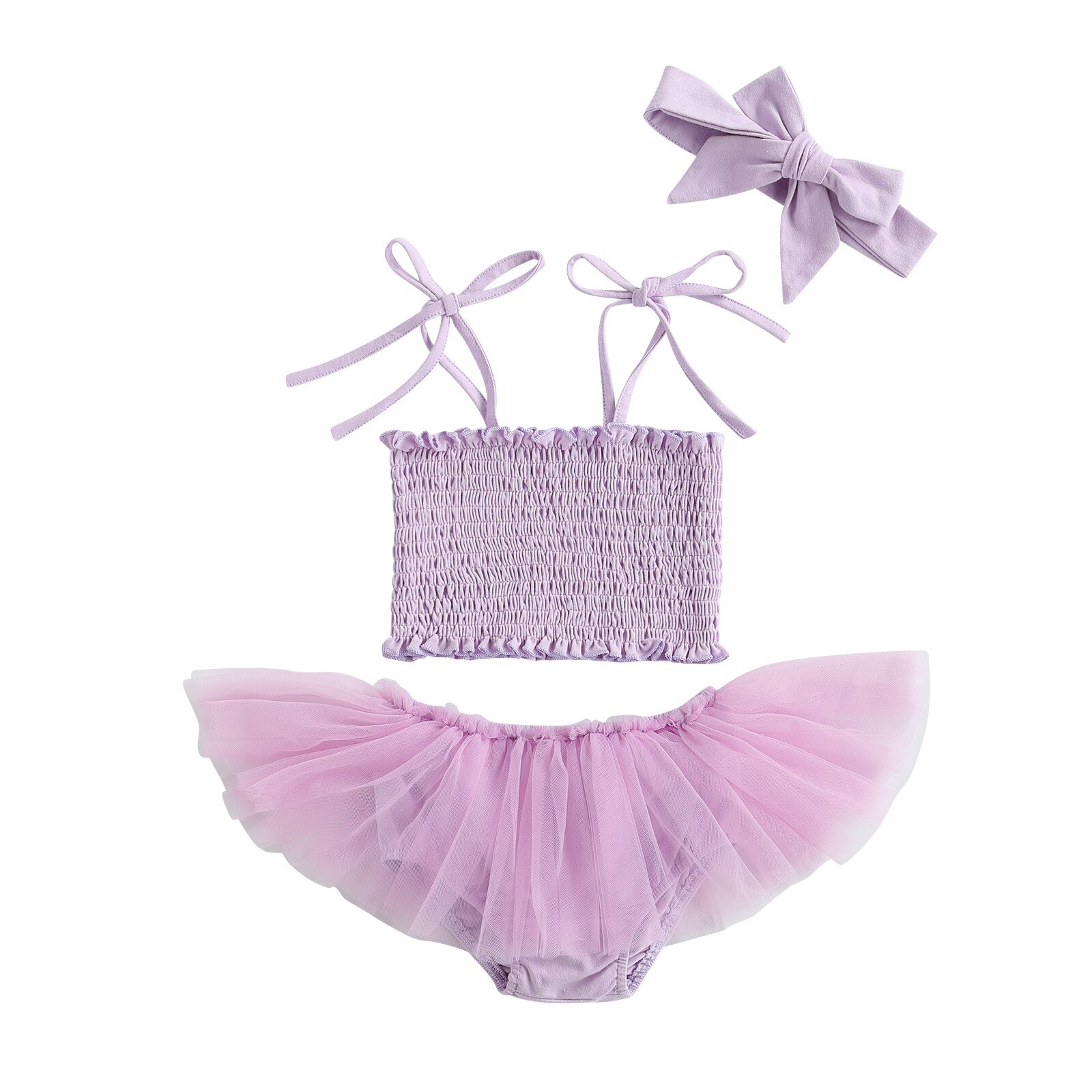 Infant Baby Girls Princess 3pcs Set Lovely Pleated Solid Sleeveless Tie Up Camisole +Mesh Shorts + Hair Band Children Clothes: Purple / 18-24 Months