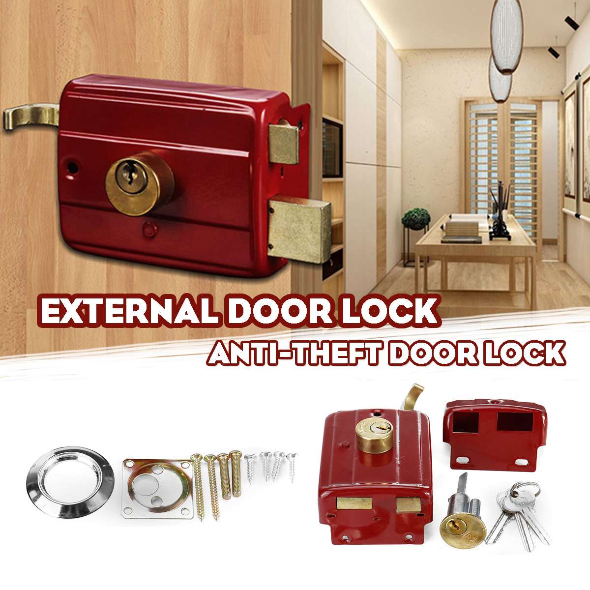 Cast Iron Anti-theft Exterior Door Retro Red Locks Multiple Insurance Lock Wooden Door Lock Security