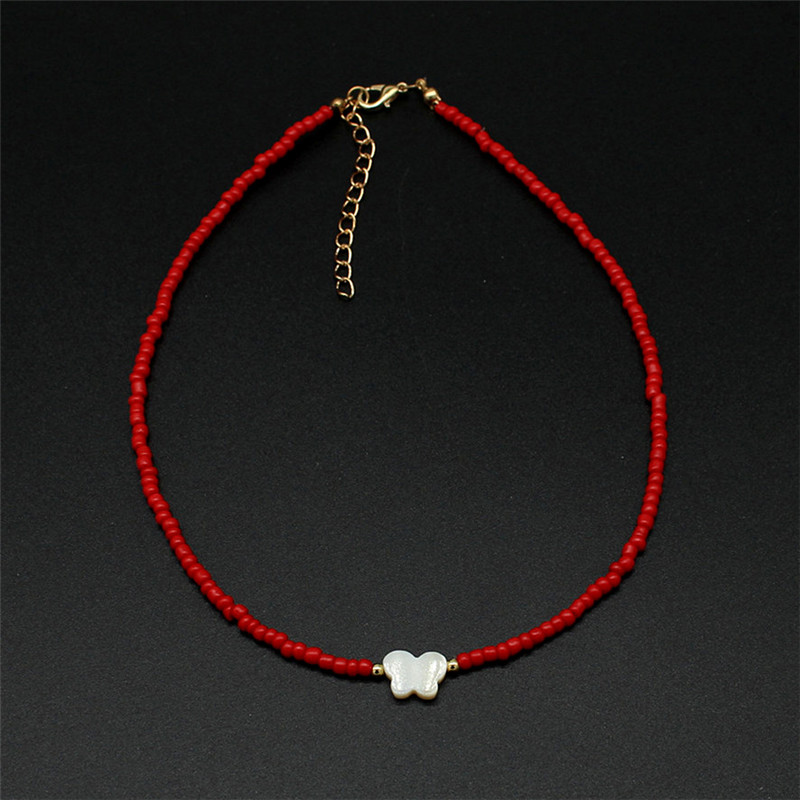 Colorful Beads Choker Women Shiny Pearl Shell Butterfly Pendant Necklace Double Layer Clavicle Chain Jewelry Accessories